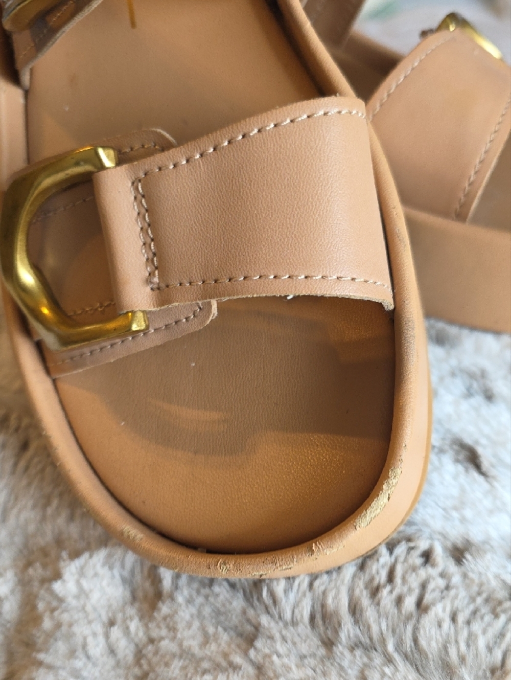 Dolce Vita Tan Slide Sandals with Gold Buckles - Picture 3 of 7
